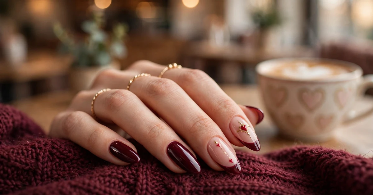 Dark Burgundy French Tip Almond Nails With Nude Heart Details