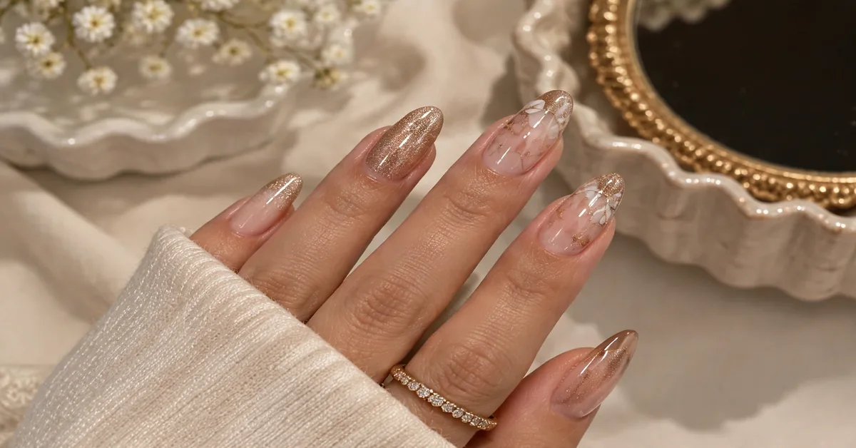 Soft Champagne Nude Almond Nails With Gold Details ✨