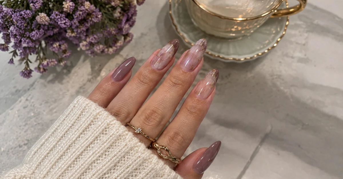 Luxury Mauve Marble Almond Nails With Nude Gold Accents — almond nail designs
