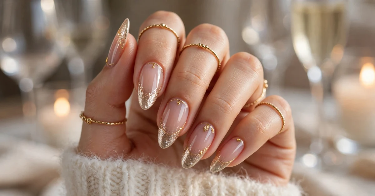 Nude Pink Almond Nails With Champagne Glitter Tips & Gold Details