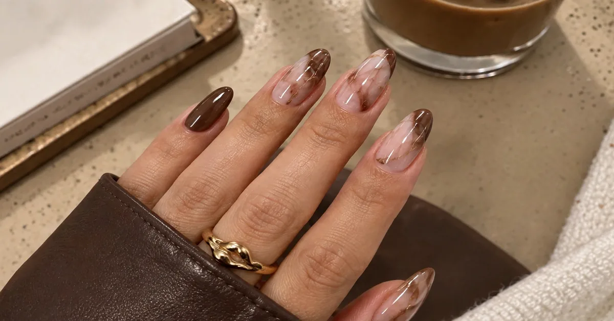 Luxury Brown Marble Almond Nails With Nude Gold Details 🤎
