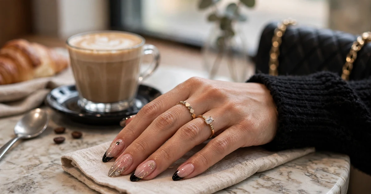 Black French Tip Almond Nails With Nude Glitter Details — almond nail designs