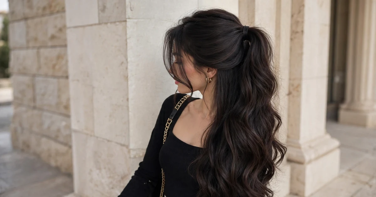 Glossy Espresso Black Hair with Voluminous Waves — almond nail designs