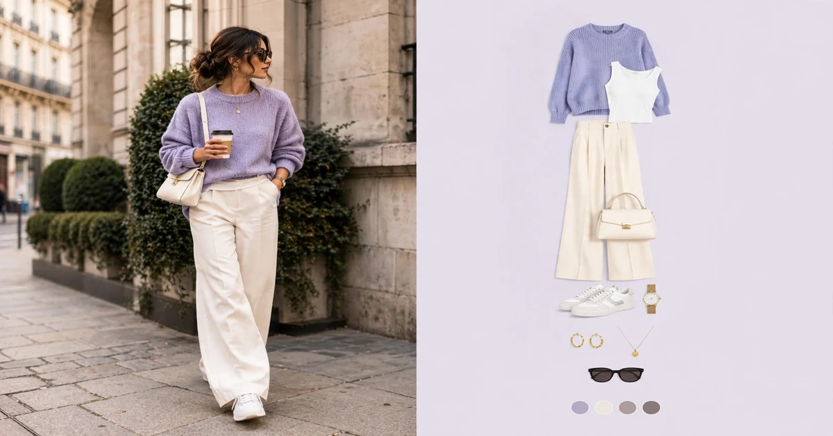 Lilac sweater with cream pants, one of the most elegant fall outfits for women