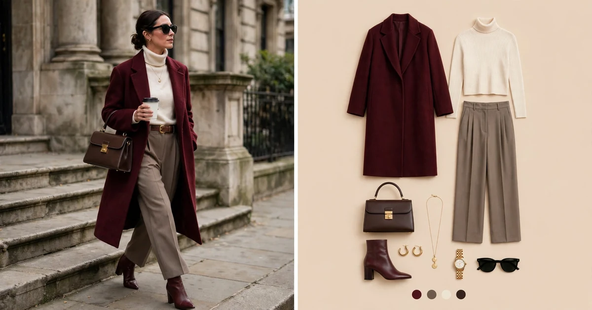 Burgundy coat and taupe pants outfit — elegant fall outfits for women inspiration
