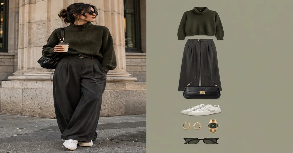 Olive Green Sweater and Charcoal Pants Outfit Ideas | Effortlessly Chic Women