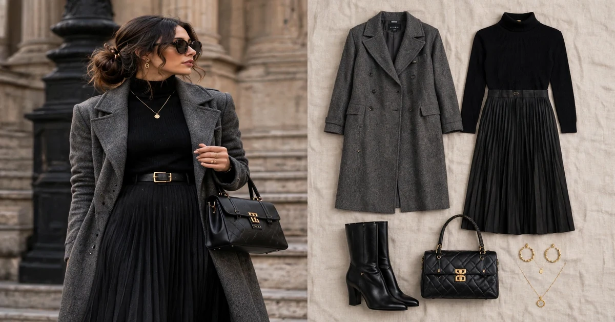 Grey Coat & Black Pleated Skirt Outfit — quiet luxury fall outfits
