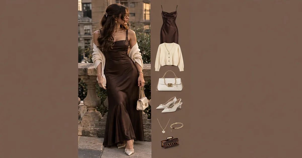 Chocolate Brown Dress & Cream Cardigan Outfit | Elegant Fall Style