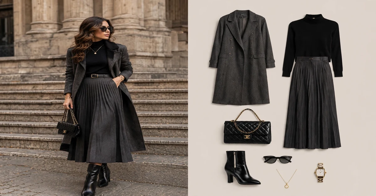Charcoal Coat & Black Pleated Skirt Outfit — quiet luxury fall outfits