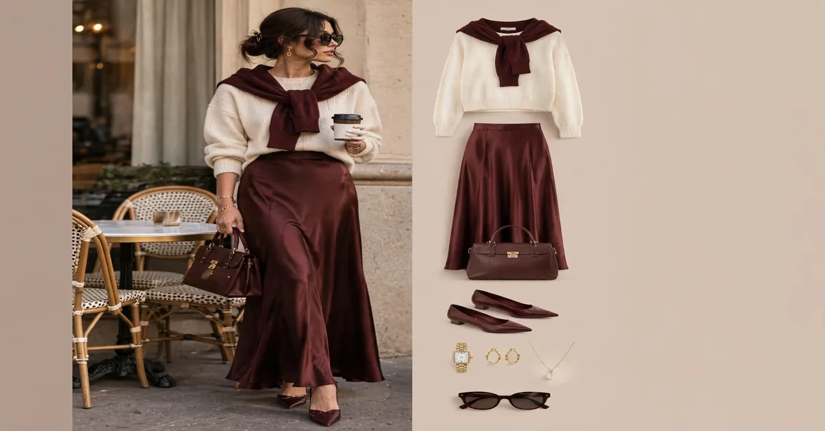 Burgundy Skirt & Cream Sweater Outfit | Elegant Fall Style