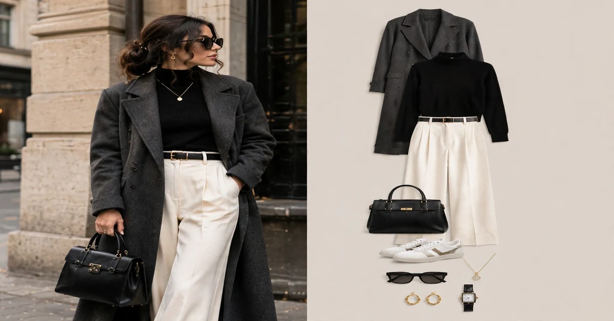 Charcoal Coat & Cream Pants Outfit — quiet luxury fall outfits