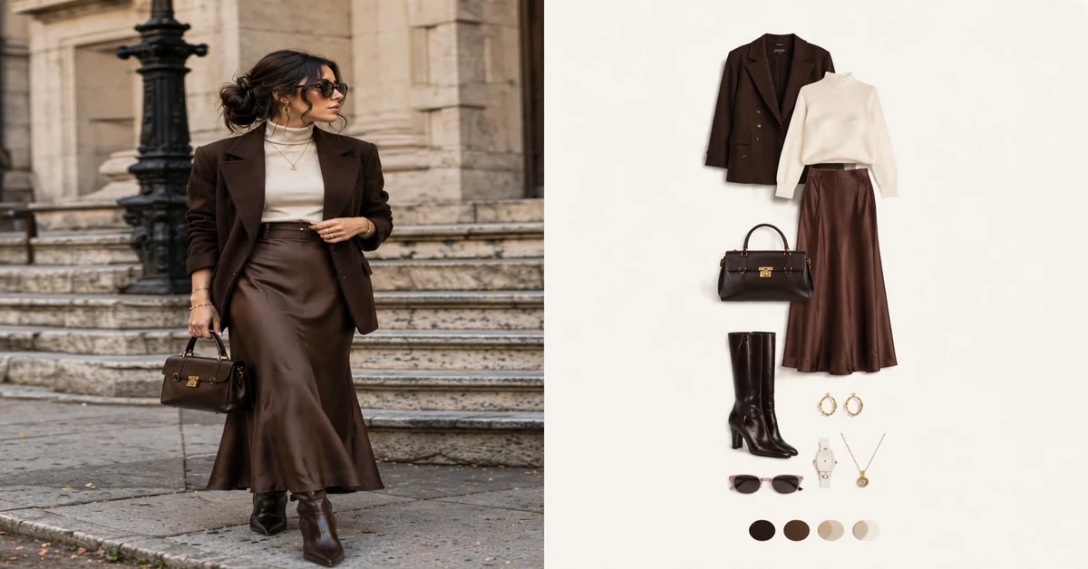 Brown Blazer & Chocolate Satin Skirt Outfit Ideas | Elegant Style