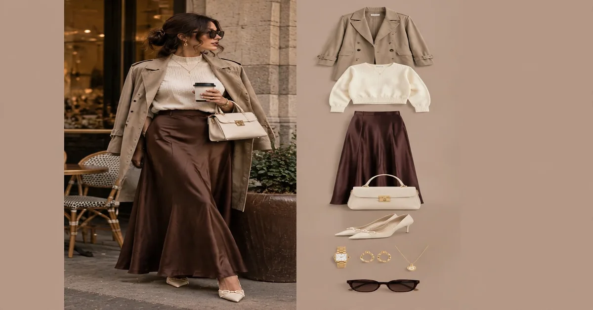 Brown Satin Skirt & Cream Sweater Outfit | Elegant Fall Style