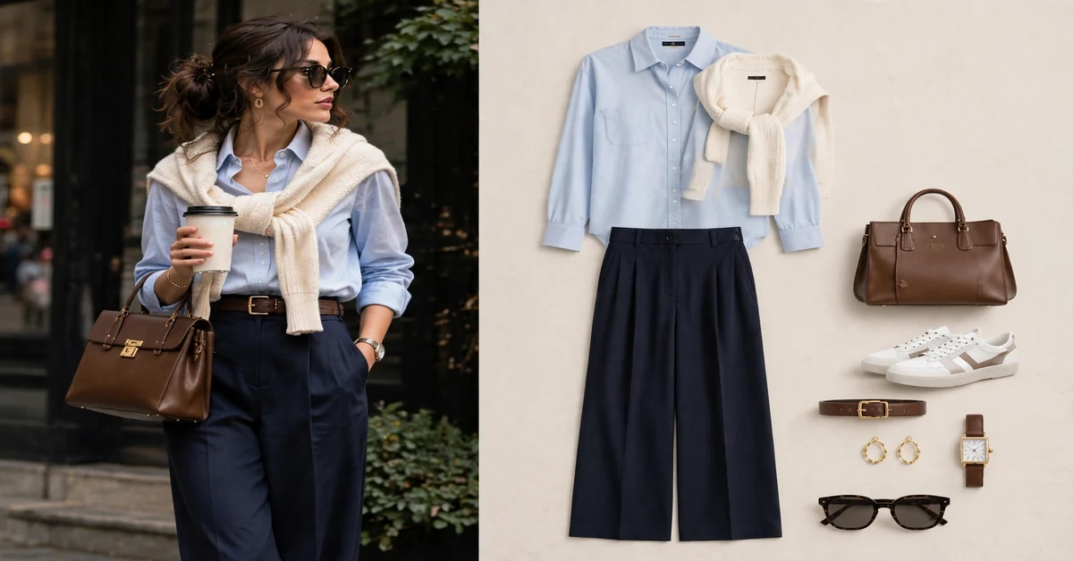 Blue Shirt, Navy Pants & Cream Sweater Outfit Ideas — quiet luxury fall outfits