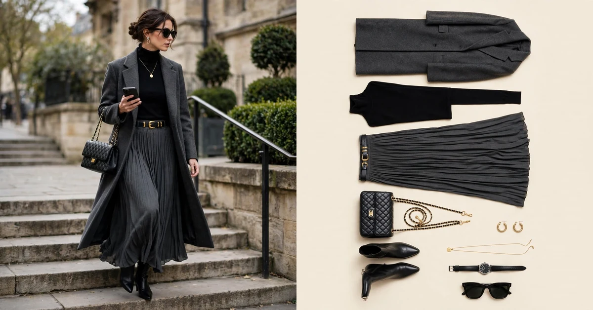 Charcoal coat and black pleated skirt — elegant fall outfits for women