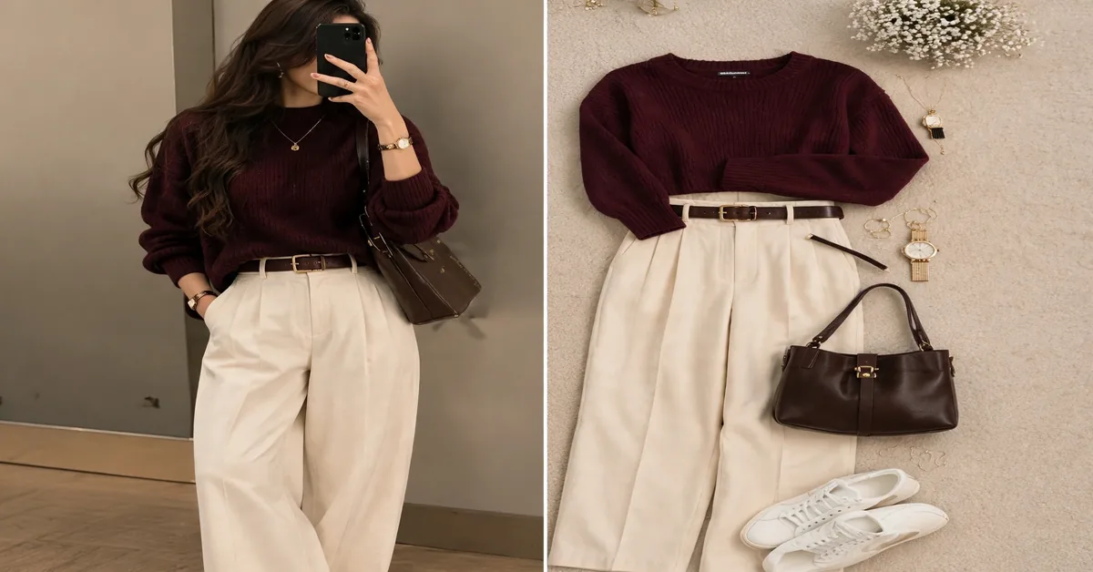 Burgundy Sweater & Cream Pants Outfit | Quiet Luxury Fall Style