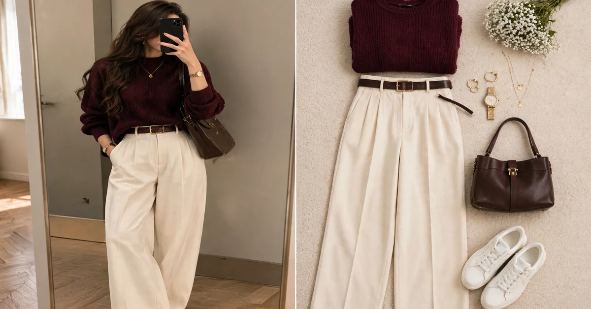 Burgundy sweater and cream wide-leg pants fall outfit ideas for quiet luxury style