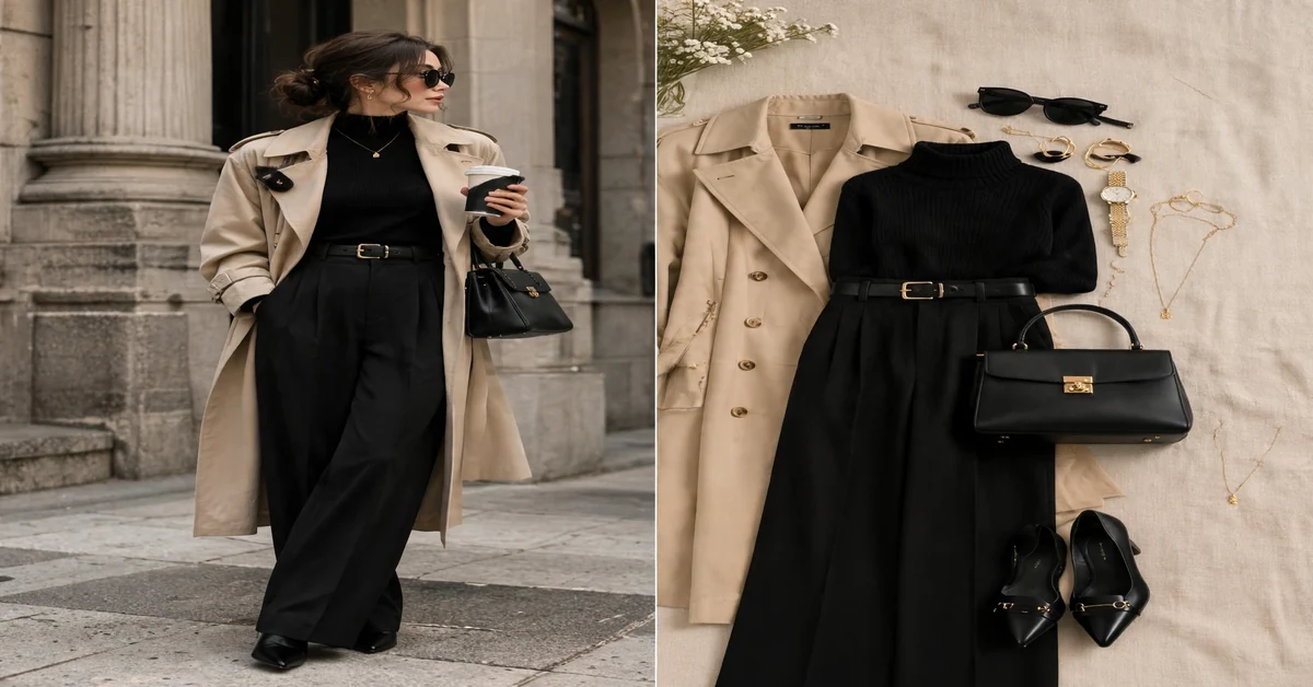 Black and beige trench coat fall outfit idea with turtleneck and wide-leg trousers