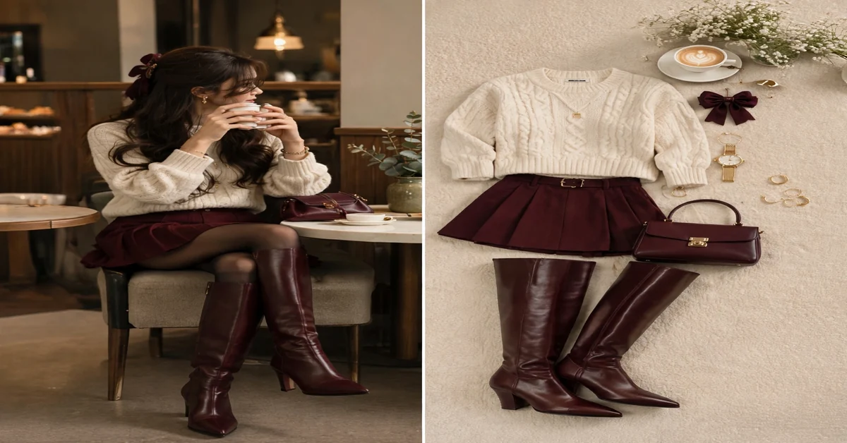 Cream cable-knit sweater with burgundy skirt and knee-high boots fall outfit