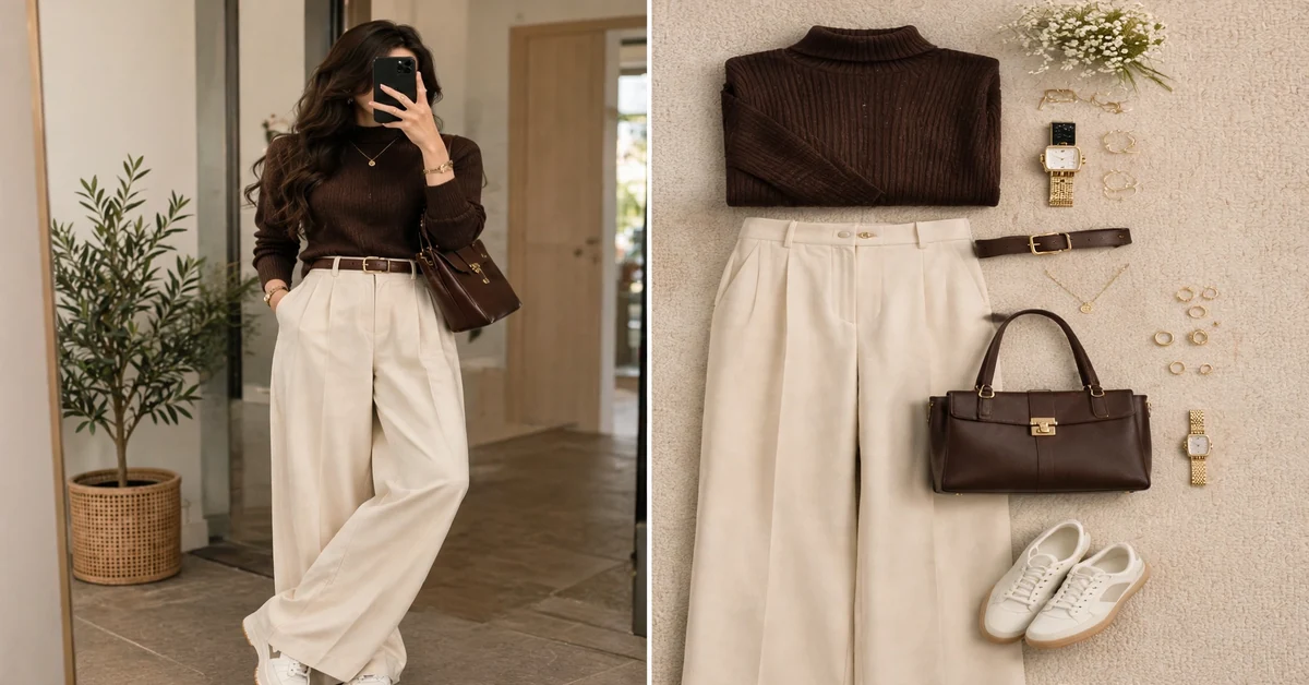 Chocolate brown turtleneck sweater with cream wide-leg trousers fall outfit