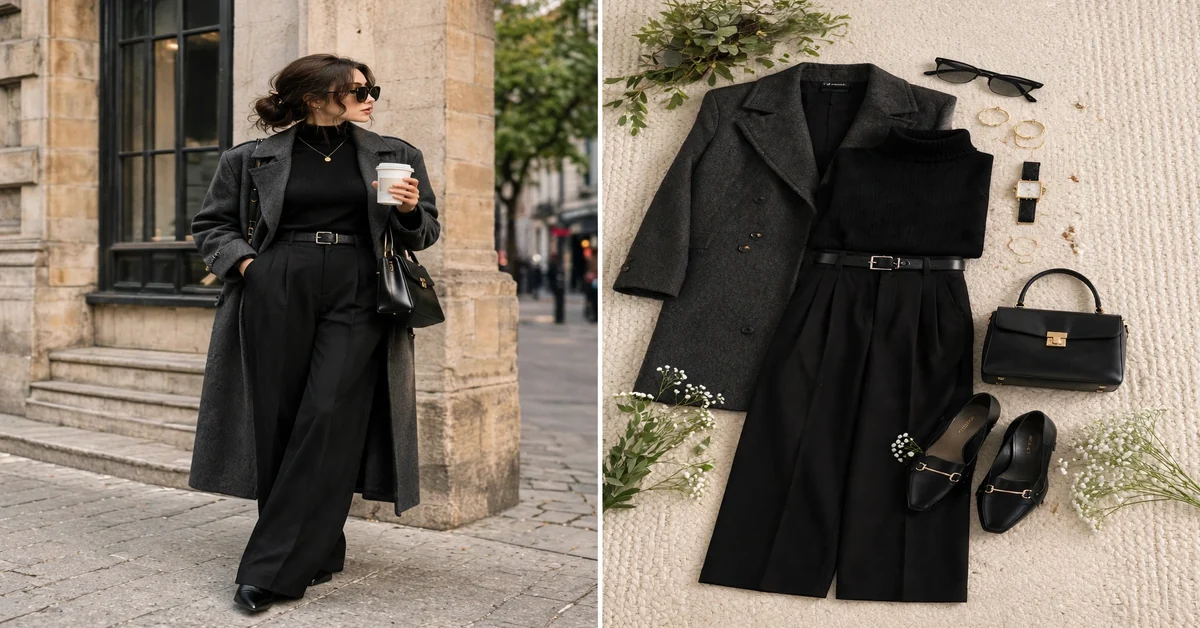Black turtleneck with long grey coat and wide-leg trousers fall fashion outfit