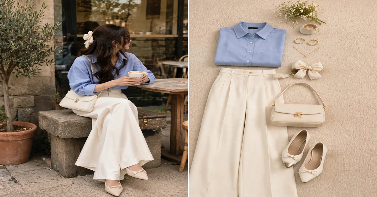 Light blue shirt with cream wide-leg trousers and bow flats fall outfit