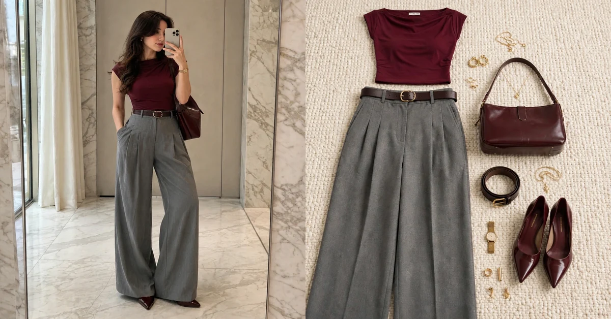 Burgundy cowl-neck top with grey wide-leg trousers chic fall outfit