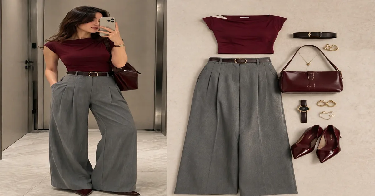 Burgundy Top & Grey Wide-Leg Pants Outfit | Chic Fall Style