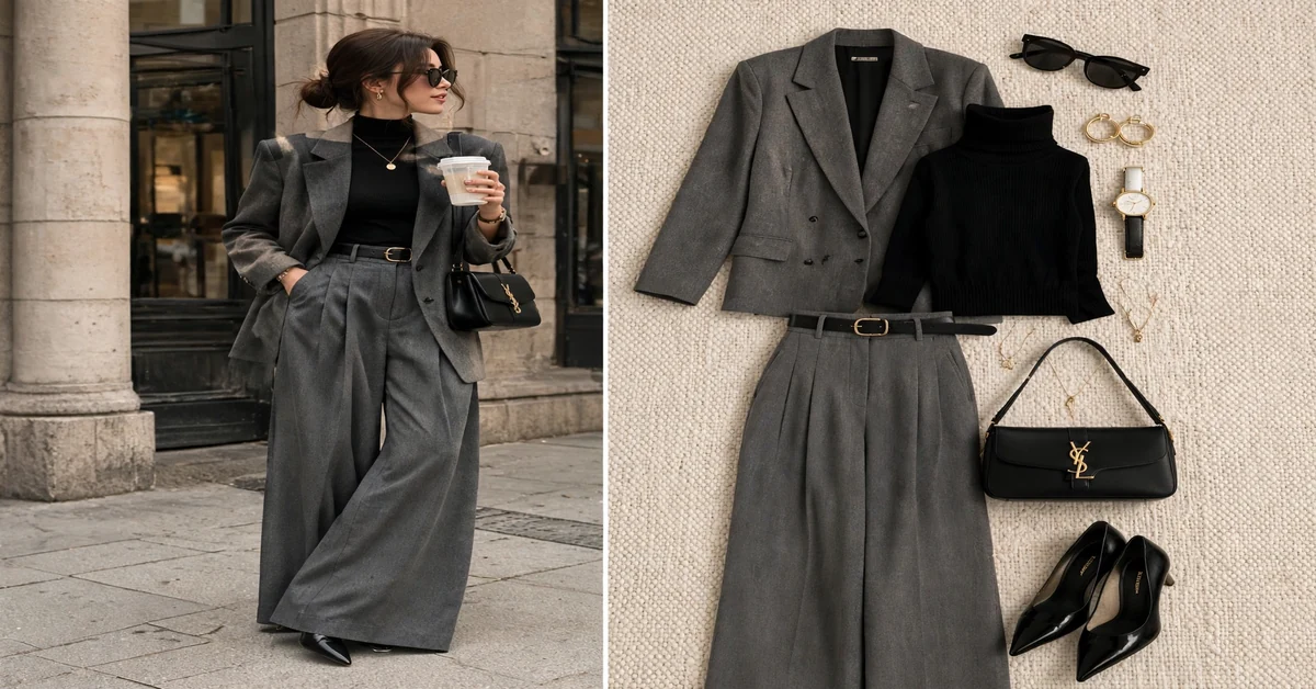 Grey oversized blazer with black turtleneck and trousers minimalist fall outfit