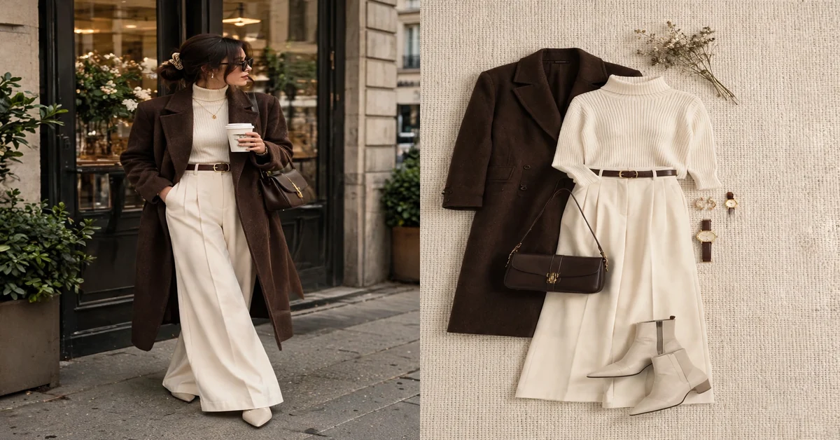 Brown wool coat with cream turtleneck and trousers elegant fall outfit