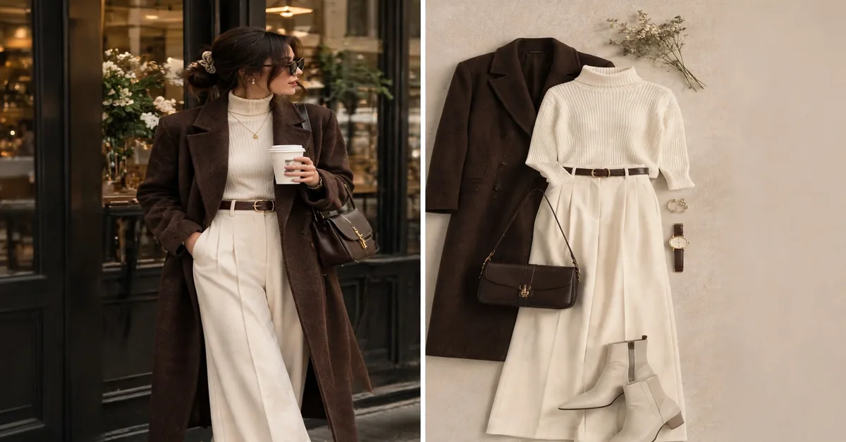 Brown Coat & Cream Turtleneck Outfit | Elegant Fall Style