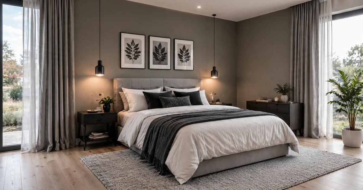 Modern grey bedroom ideas with pendant lighting