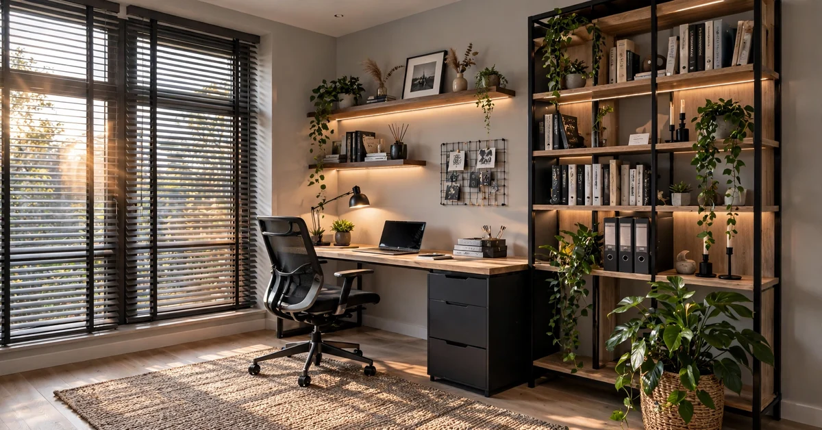 Cozy corner home office ideas with floating shelves