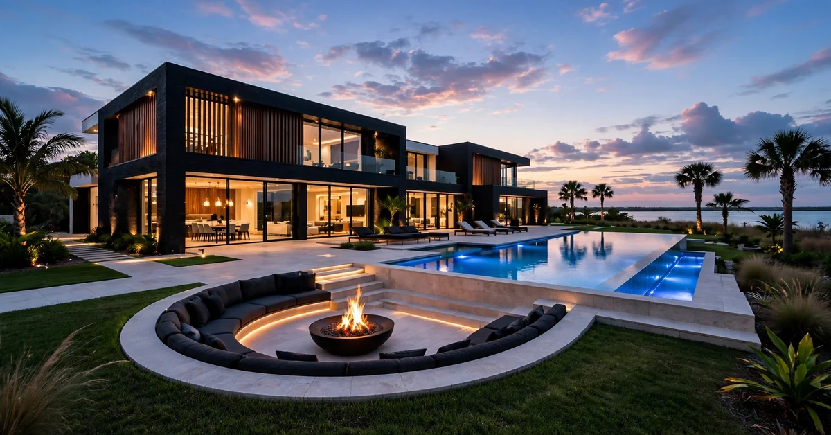 Modern Luxury House Exterior with Pool and Fire Pit - modern home decor ideas for luxury outdoor living