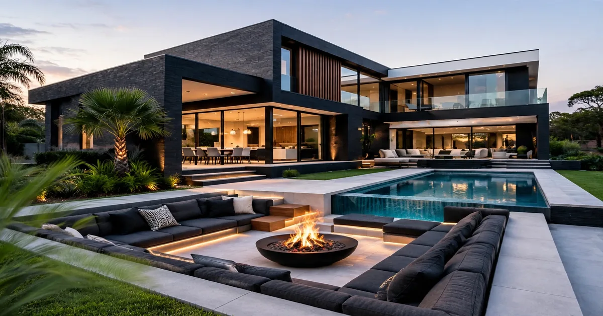 Modern Luxury House Exterior with Pool and Fire Pit