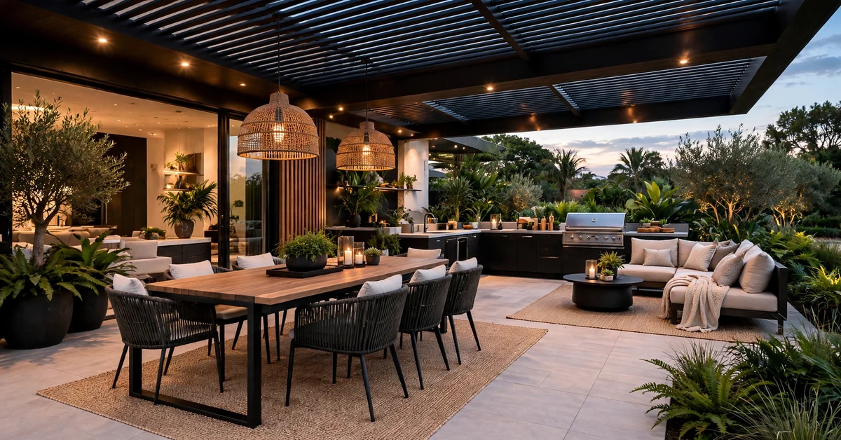 Luxury Outdoor Dining Area with Modern Pergola