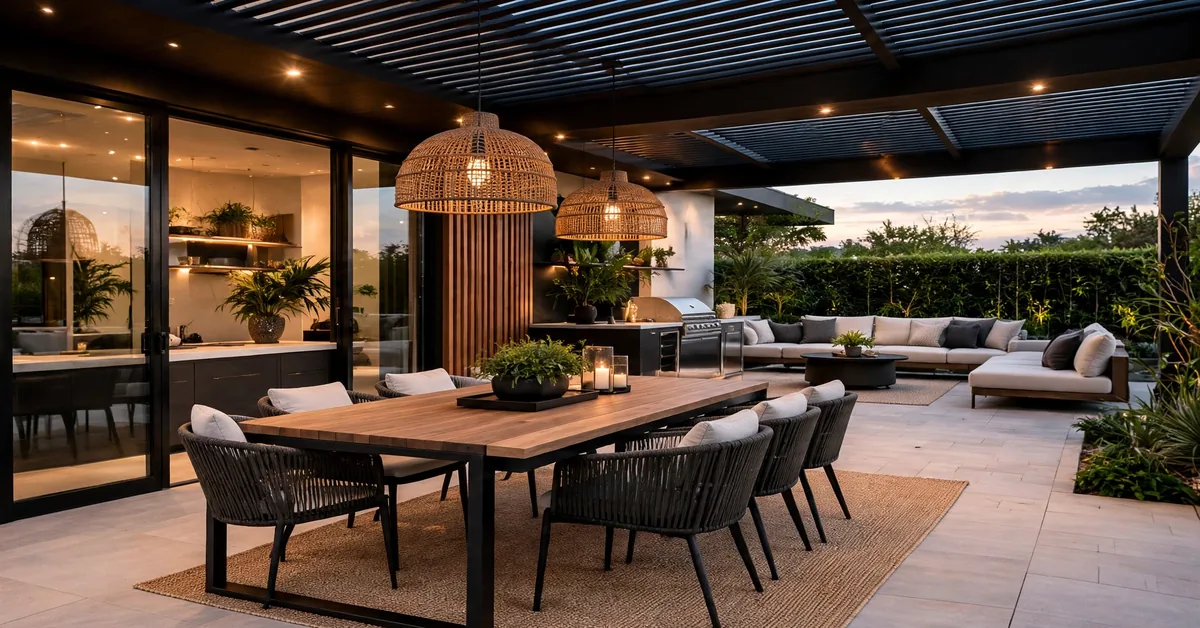Luxury Outdoor Dining Area with Modern Pergola
