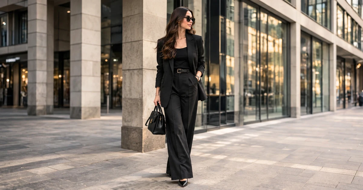 Chic office outfit ideas for women in an elegant black workwear suit