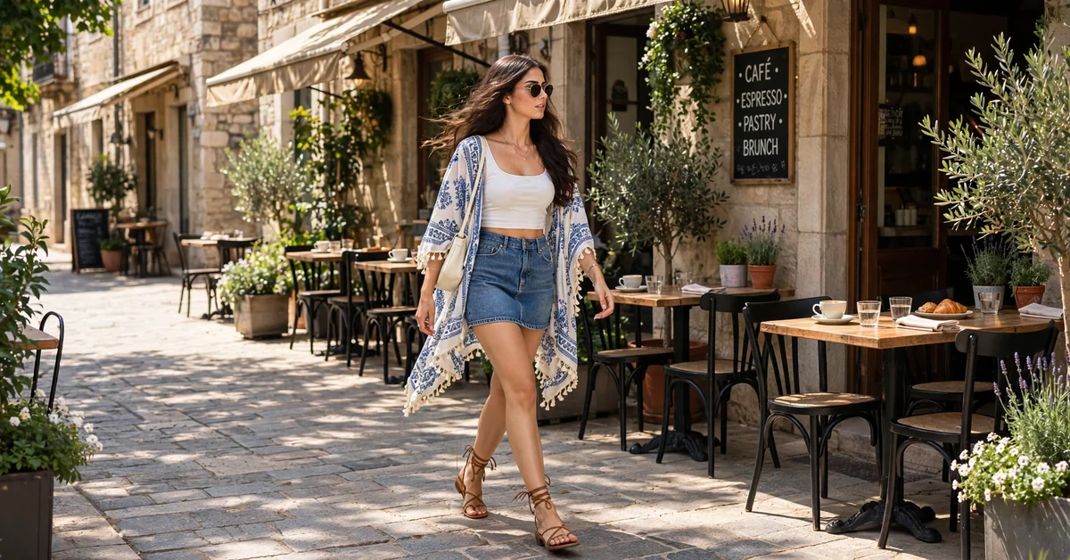 Stylish outfit ideas for women: denim skirt with floral kimono summer outfit