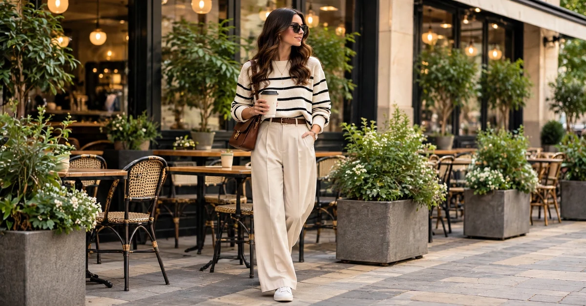 Smart casual women's fashion with striped sweater and cream trousers