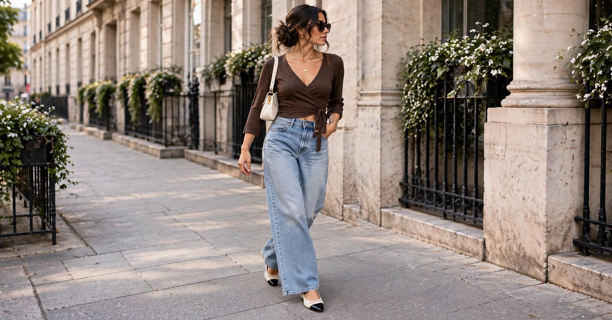 Chocolate brown wrap top and baggy jeans outfit ideas for women
