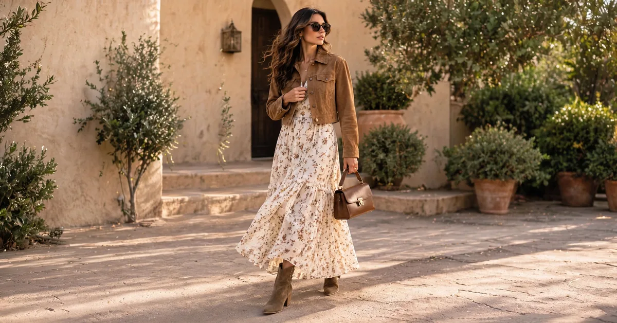 Feminine Western Outfit Ideas for Women | Suede Jacket & Skirt