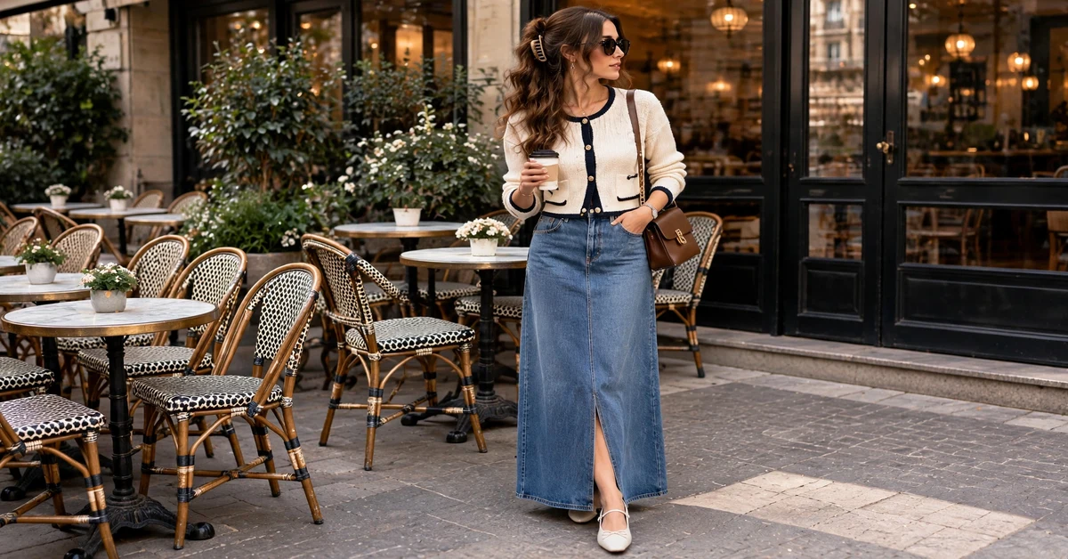 Denim maxi skirt and chic cream cardigan outfit inspiration