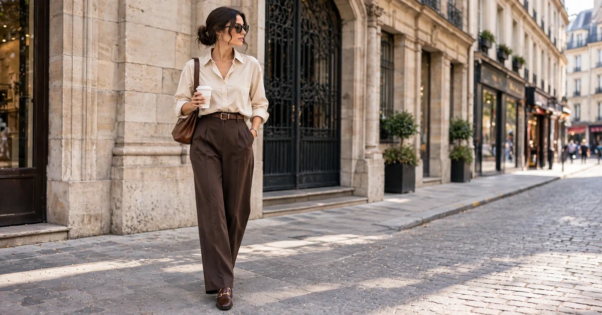 Chocolate brown trousers with beige shirt quiet luxury outfit