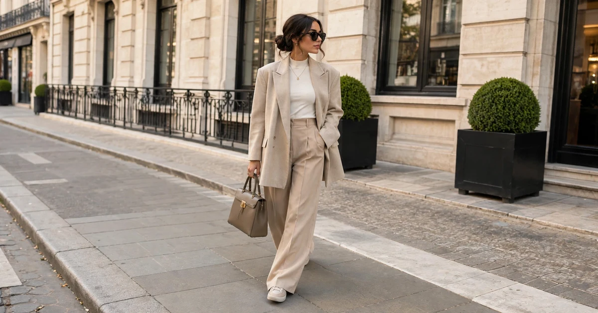 Neutral outfit ideas for women with beige blazer classy street style