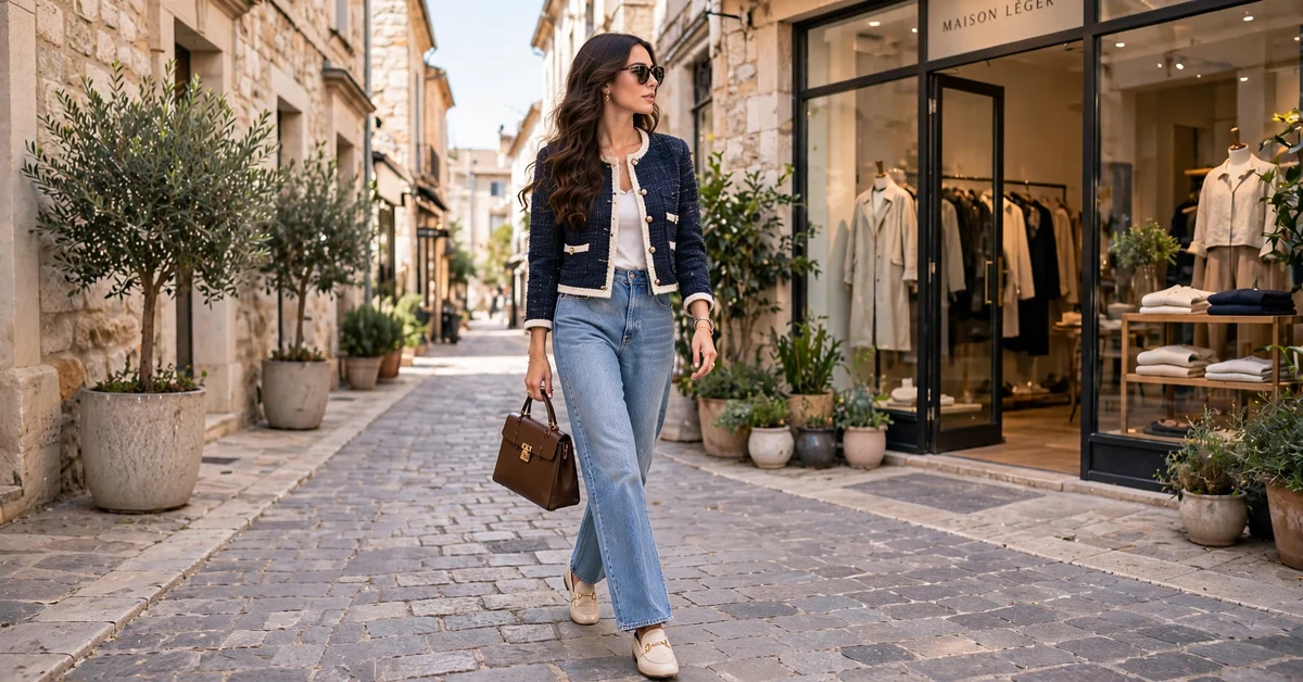 Stylish outfit ideas for women: navy cropped jacket with straight leg jeans