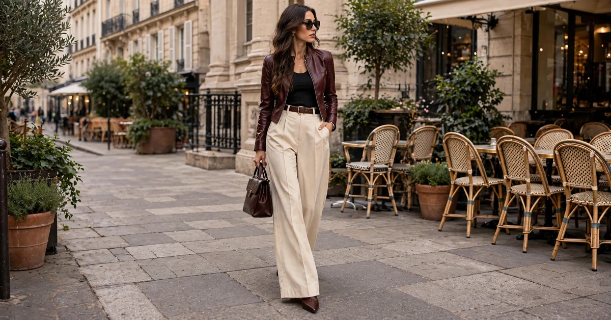 Burgundy leather jacket with cream wide leg trousers