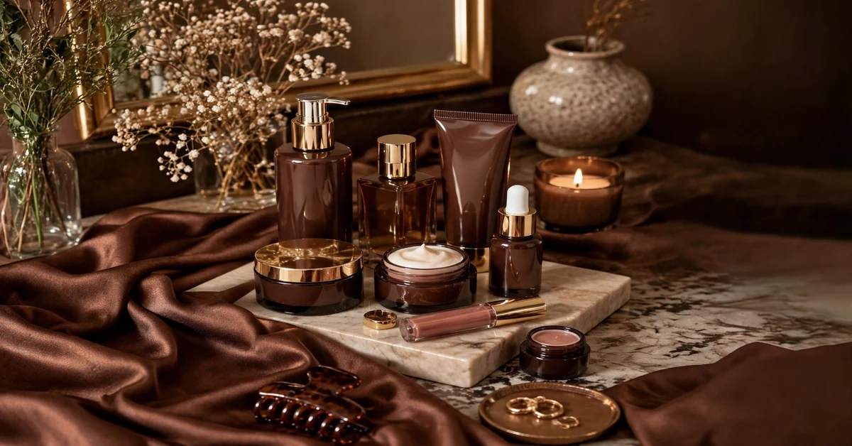 Luxury skincare products in chocolate brown aesthetic — chic beauty ideas for a cozy routine