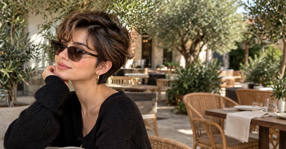 Feminine pixie haircut with soft waves and sunglasses