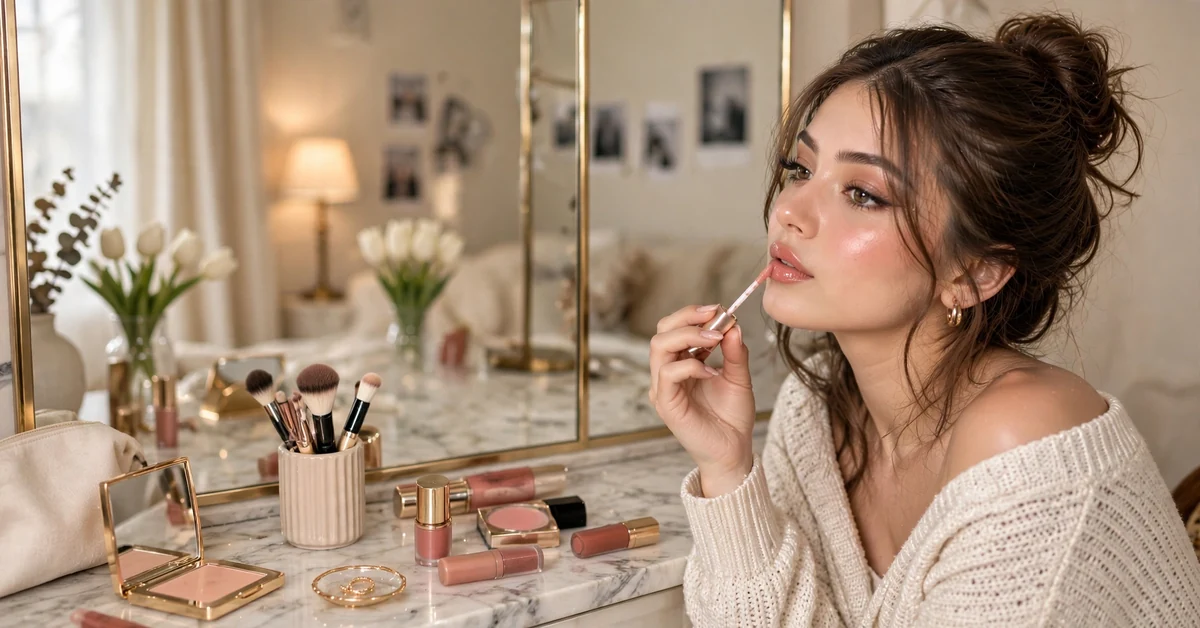 Glossy Rose Pink Makeup Look | Dewy Skin & Soft Peach Blush